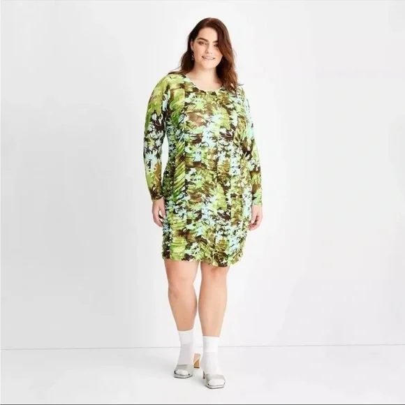 future collective green dress Women's Floral Print Long Sleeve Ruched Bodycon Mini Dress Green XS